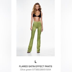 ZARA Flared Satin Effect Pants - Large, Green